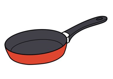 Tava klipsi. Bu resim uzun saplı kırmızı ve siyah bir yemek tavasını gösteriyor. Çizim tasarımı.