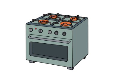Benzin aralığı klipsi. Bu görüntü dört ocağı ve temiz ve basit bir tasarımı olan bir gaz menzilini gösteriyor. Çizim tasarımı.
