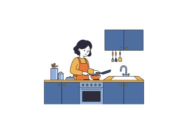 Mutfak pişirme klibi. Bu resim, mutfakta çeşitli mutfak aletleri ve aletlerle yemek pişiren birini gösteriyor. Çizim tasarımı.