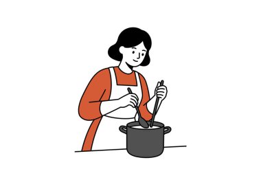 Kadın yemek pişirme klibi. Önlük takan biri, tencereyi iki çatalla karıştırıyor. Çizim tasarımı.