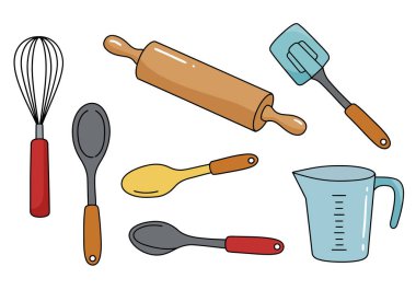 Fırın çatal bıçak klipsi. Bu resim fırça, merdane, spatula, kaşık ve ölçü kabı gibi çeşitli pişirme aletlerini gösteriyor. Çizim tasarımı.