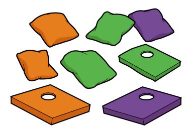 Cornhole torbaları tırmanıyor. Bu resim turuncu, yeşil ve mor renkli renkli mısır çuvalı ve tahtaları gösteriyor, eğlenceli ve eğlenceli aktiviteleri vurguluyor. Çizim tasarımı.