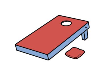 Clip art mısır deliği. Bu resim, yanında kırmızı fasulye torbası olan bir mısır deliği tahtasını gösteriyor, açık hava oyununu ve onun eğlence doğasını vurguluyor. Çizim tasarımı.