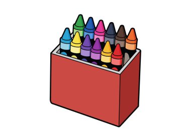 Bir kutu pastel boya sanatı. Bu resim iki satırda sıralanmış 16 renkli pastel boya kaleminin bulunduğu kırmızı bir kutuyu gösteriyor. Çizim tasarımı.
