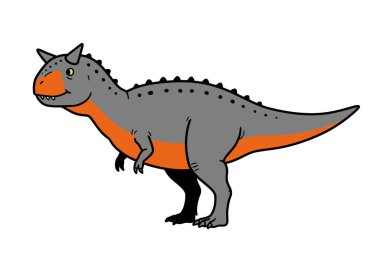 Carnotaurus tırmanıyor. Keskin dişleri ve pençeleri olan yırtıcı tarih öncesi dinozorlar canlı ve sanatsal bir çizgi film tarzıyla tasvir ediliyorlardı. Çizim tasarımı.