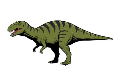 Clipart dino. Sanatsal bir tasvirde siyah çizgili ve keskin dişli yeşil dinozor. Çizim tasarımı.
