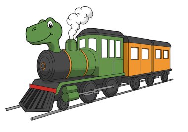 Dinozor trenine tırman. Yeşil buharlı lokomotif, dinozor kafası ve iki turuncu vagon. Çizim tasarımı.