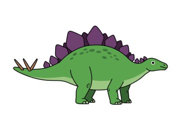 Clip art stegosaurus. Mor plakalı ve kuyruğunda kahverengi dikenleri olan yeşil bir stegosaurus. Çizim tasarımı.