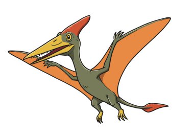 Clip art pterodactyl. Uzun gagalı, keskin dişli ve büyük kanatlı yeşil ve turuncu bir pterodactyl. Çizim tasarımı.