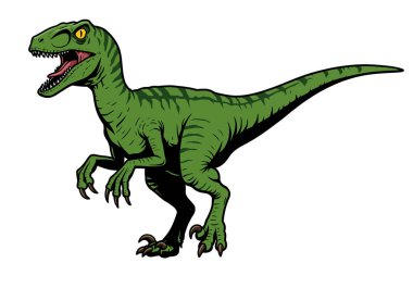 Velociraptor 'a tırman. Keskin dişleri ve pençeleri olan yeşil velociraptor agresif bir duruşta. Çizim tasarımı.