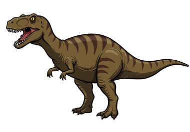 Dinozorların klip sanatı. Çizgili, keskin dişli ve pençeli vahşi kahverengi ve yeşil bir dinozor. Çizim tasarımı.