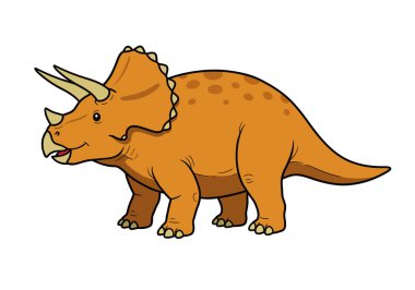 Sanat eseri triceratops. Üç belirgin boynuzlu turuncu bir triceratops ve dört ayaklı dekoratif bir fırça. Çizim tasarımı.