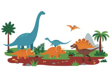 Dinozor arka plan klipsi. Tarih öncesi bir arazide ağaçlar ve bitkilerle çeşitli dinozorlar. Çizim tasarımı.