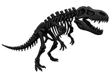 Dinozor kemiği klipsi. Bu resim, detaylı kemik ve yapıya sahip bir T-Rex iskeletinin siyah ve beyaz vektör çizimini gösteriyor. Çizim tasarımı.