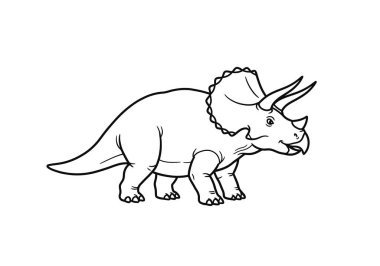 Dinozor karikatür sanat taslağı. Bu görüntü, üç boynuzlu ve fırfırlı kafalı bir triceratops 'un siyah ve beyaz ana hatlarını gösteriyor. Çizim tasarımı.
