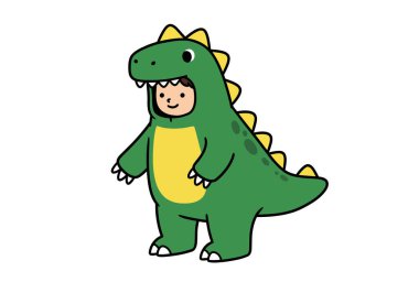 Dinozor kostümü. Bir çocuk yeşil dinozor kostümü giymiş, sarı dikenleri ve sarı bir göbeği var. Çizim tasarımı.