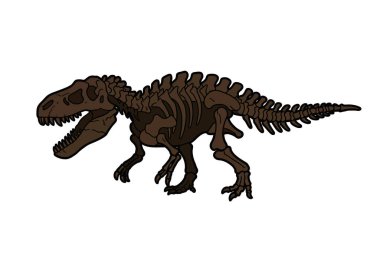 Dinozor fosil klipsi sanatı. Bu resim dinozor iskeletinin detaylı bir örneğini gösteriyor, özellikle de belirgin dişleri ve kemikleri olan bir teropod. Çizim tasarımı.