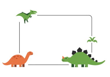 Dinozor çerçeve klibi. Bu resim köşelerinde karikatür dinozorları olan dikdörtgen bir çerçeve gösteriyor. Çizim tasarımı.