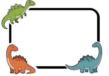 Dinozor çerçeve sanatı. Üç renkli dinozor, yeşil ve turuncu, dikdörtgen siyah bir çerçevenin sınırını süslüyor. Çizim tasarımı.