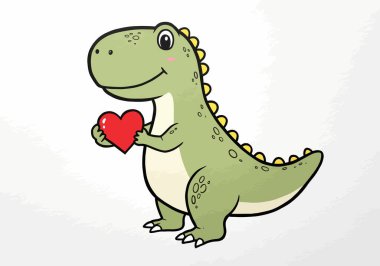 Dinozor kalbi klipslemesi. Yüzünde kocaman bir gülümseme olan kırmızı bir kalp tutan sevimli yeşil bir dinozor. Çizim tasarımı.