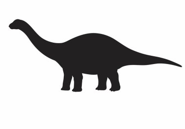 Dinozor silueti. Uzun boyunlu, dört bacaklı ve uzun kuyruklu bir dinozorun siyah silueti. Çizim tasarımı.