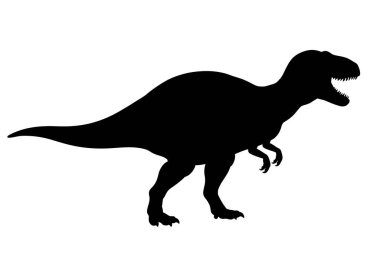 Dinozor silueti klipsi. Keskin dişleri, güçlü bacakları ve uzun kuyruğu olan siyah bir T-Rex silueti. Çizim tasarımı.