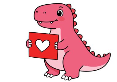 Dinozor Sevgililer Günü klip sanatı. Beyaz kalpli kırmızı kart tutan sevimli pembe bir dinozor. Çizim tasarımı.