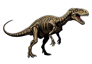 Paleontoloji iklimi. Keskin dişleri ve pençeleri olan detaylı bir dinozor iskeleti. Çizim tasarımı.
