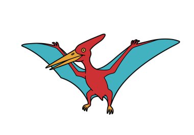 Pterodactyl klip sanatı. Mavi kanatlı kırmızı bir pterodactyl ve çizgi film tarzında betimlenmiş sarı bir gaga. Çizim tasarımı.