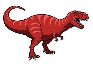 Kızıl dinozor klipsi. Çizgili, keskin dişli ve pençeli kırmızı bir dinozor vahşi bir duruş sergiliyor. Çizim tasarımı.