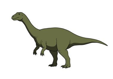 Gerçek bir dinozor klibi. Bu görüntü, dört ayaklı, uzun boyunlu ve kuyruklu yeşil bir dinozoru gösteriyor. Çizim tasarımı.