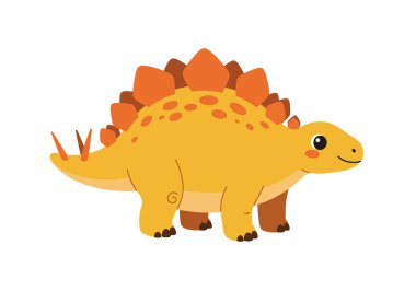 Stegosaurus klip sanatı. Turuncu plakalı ve sivri uçlu sevimli sarı bir Stegosaurus, mutlu bir şekilde gülümsüyor. Çizim tasarımı.