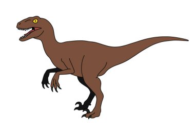 Velociraptor klip sanatı. Sarı gözlü ve keskin dişli kahverengi bir velociraptor pençeleri uzatılmış iki ayak üzerinde duruyor. Çizim tasarımı.