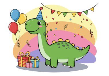 Doğum günü dinozor klibi sanatı. Parti şapkası, pastası ve renkli balonları olan neşeli bir dinozor. Çizim tasarımı.