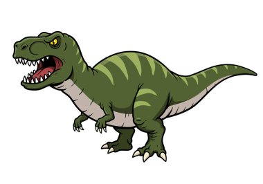 Kızgın dinozor klibi. Keskin pençeleri ve canlı çizgi film tarzında dişleri olan tarih öncesi vahşi bir yaratık. Çizim tasarımı.