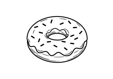 Donut ana hatlarıyla klipsleme. Bu resim bir çöreğin serpiştirilmiş ve kremalı basit bir siyah beyaz taslağını gösteriyor. Çizim tasarımı.