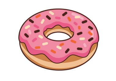 Dunkin Donut klibi. Pembe kremalı ve çok renkli serpilmiş renkli bir çörek. Çizim tasarımı.