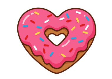 Kalp çöreği klipsi. Bu resim, pembe kremalı ve renkli şekerli kalp şeklinde bir donut gösteriyor. Çizim tasarımı.
