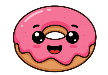 Çizgi film çörek klipsi. Pembe şekerli, büyük gözlü ve gülümseyen ağızlı tatlı bir çörek. Çizim tasarımı.