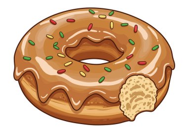Isırılmış çörek parçası. Kahverengi kremalı ve rengarenk serpiştirilmiş bir çörek. Çizim tasarımı.