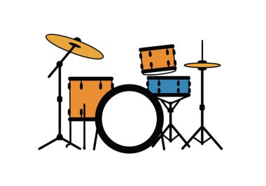 Clip art davul seti. Bu illüstrasyonda renkli bir düzende çeşitli davul ve zillerden oluşan canlı bir davul seti sergilenmektedir. Çizim tasarımı.