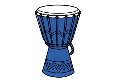 Djembe clipart. Bu resim geleneksel bir djembe davulu, halatla ayarlanmış bir tasarımı ve ritmik ritimler için oyulmuş ahşap bir tabanı gösteriyor. Çizim tasarımı.
