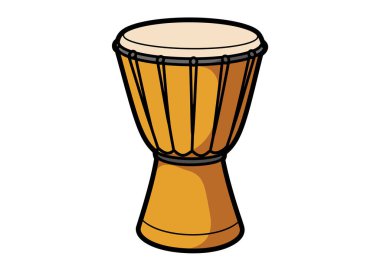 Djembe davul klipsi. Bu illüstrasyonda geleneksel bir Afrika djembe davulu, oyulmuş ahşap tabanlı ve halatla akort edilmiş davul başlığı sergileniyor. Çizim tasarımı.