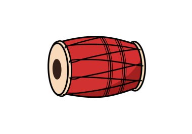 Dhol clipart. Siyah ipli ve bej davullu kırmızı silindirik davul, kutlamalarda kültürel önemini vurguluyor. Çizim tasarımı.