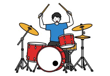 Davul klibi oynuyorum. Mavi gömlekli biri canlı bir performans sırasında kırmızı davul seti çalıyor. Çizim tasarımı.