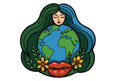 Toprak ana klipsi sanatı. Resim, yeşil ve mavi saçlı, dudaklı, çiçekli ve yapraklı Dünya 'yı gösteriyor. Çizim tasarımı.