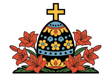 Katolik Paskalya klipsi sanatı. Haç ve zambaklarla dolu renkli bir Paskalya yumurtası, bahar zamanı inancı ve kutlamayı simgeliyor. Çizim tasarımı.