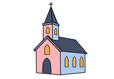 Paskalya klipsi sanatı. Çan kulesi ve haçı olan renkli bir kilise, şenlikli bir sahnede pembe ve mavi duvarlar ve sarı pencereler var. Çizim tasarımı.