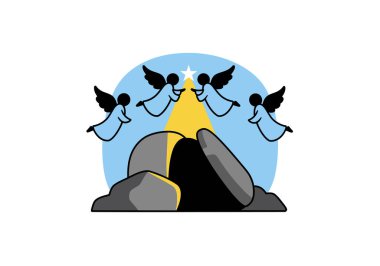 Pazar günü Clip Art Dirilişi. Hz. İsa, lahitten bir haleyle yükselen ve inanç ve zaferi sembolize eden kolları açık bir şekilde tasvir edilmiştir. Çizim tasarımı.