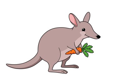 Paskalya bayramında. Yeşil yapraklı havuç tutan bir bilby Paskalya kutlaması ve doğayı sembolize ediyor. Çizim tasarımı.